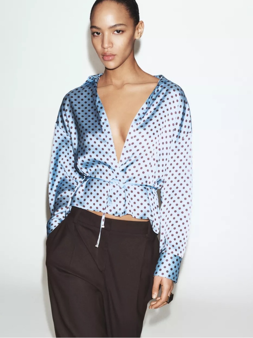 NWT Zara Polka Dot Satin V-Neck Long Sleeve Top